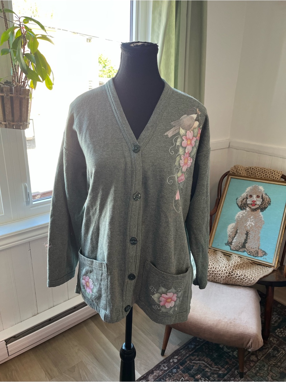 Women’s Vintage Green Floral Cardigan Sweater Fuzzy inside Size L